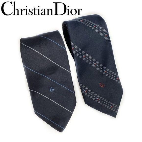 Christian Dior Mens Silk Tie Set Of 2 Blue & Red Striped Neckties designer - Picture 1 of 5